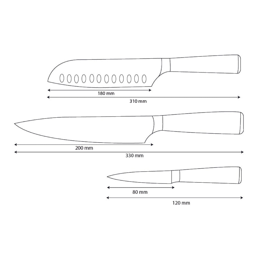 Shinrai Knives - Damascus Print Epoxy Sapphire 3-Piece Knife Set - Chef's Knife + Santoku + Paring Knife