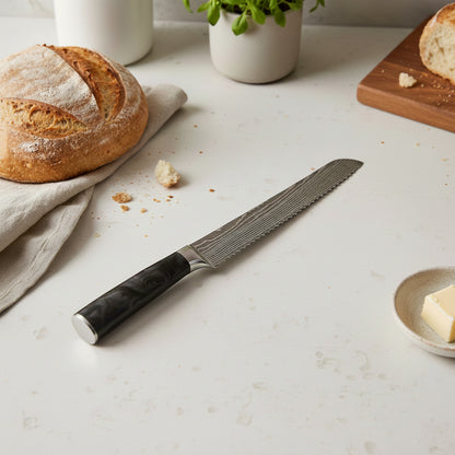 Shinrai Knives - Damascus Print Epoxy Onyx Bread Knife 20 cm