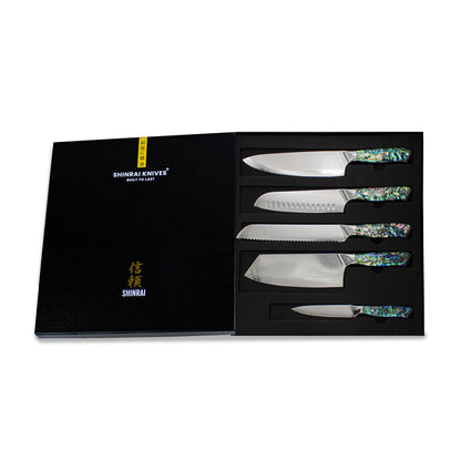 Shinrai Knives - Mother of Pearl Jewels Series 5-piece Damascus Knife Set