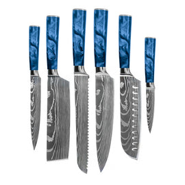 Shinrai Knives - Damascus Print Epoxy Sapphire - 6-piece Knife Set