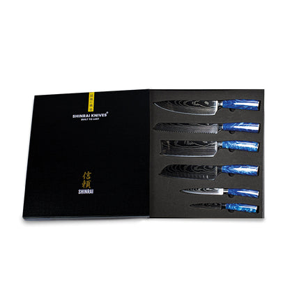 Shinrai Knives - Epoxy Sapphire Damascus Print 6-piece Knife Set + Magnetic Knife Block Scalae - Acacia wood