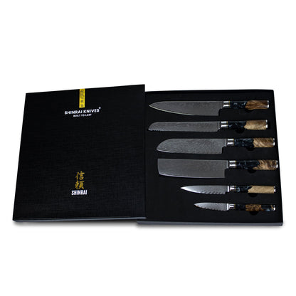 Shinrai Knives - Epoxy Onyx 6-piece Damascus Knife Set + Magnetic Knife Block Scalae - Acacia wood