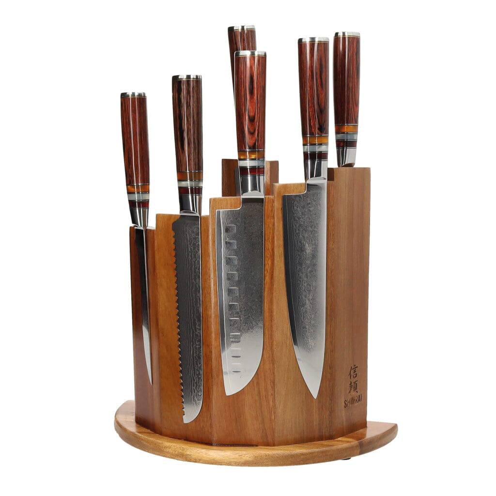 Shinrai Knives - Micarta Jewels 7-Piece Damascus Knife Set + Scalae Magnetic Knife Block - Acacia Wood