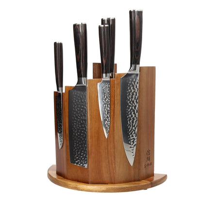 Shinrai Knives - Hammered Stainless Steel 6-Piece Knife Set + Scalae Magnetic Knife Block - Acacia Wood