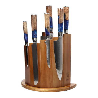 Shinrai Knives - Epoxy Sapphire 6-piece Damascus Knife Set + Magnetic Knife Block Scalae - Acacia wood