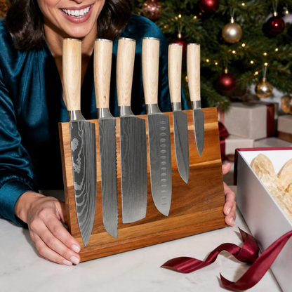 Shinrai Knives - Coffret de 6 couteaux Akari à motif damassé