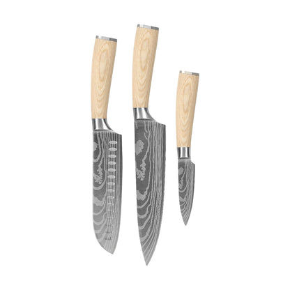 Couteaux Shinrai - Ensemble 3 pièces Akari Damascus Print - Couteau de chef + Santoku + Couteau d'office
