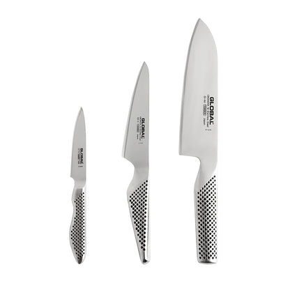 Global - G-46338 Couteau Santoku + Couteau à steak + Couteau d&#39;office