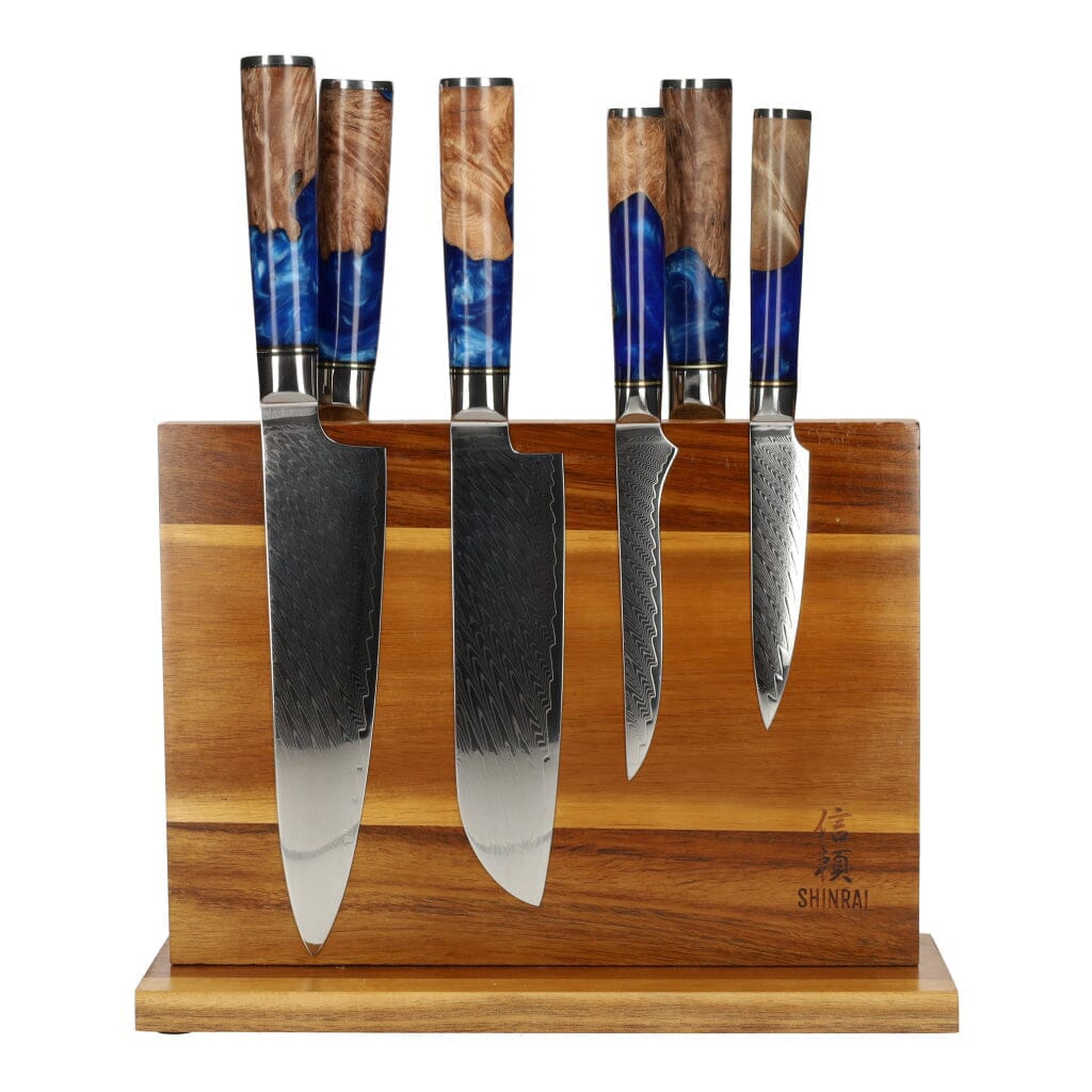 Epoxy Sapphire 6-delige Damascus Messenset + Magnetisch Messenblok Messenset met blok Shinrai Knives 