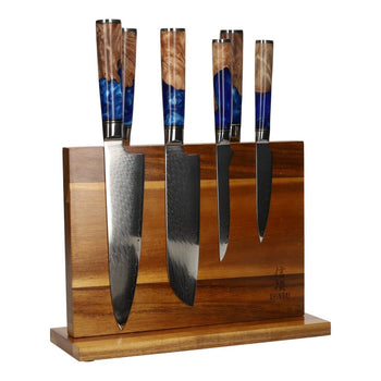 Epoxy Sapphire 6-delige Damascus Messenset + Magnetisch Messenblok Messenset met blok Shinrai Knives 