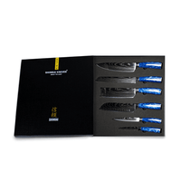 Epoxy Sapphire Damascus Print 6-delige Messenset + Acacia houder dubbelzijdig Messenset met blok Shinrai Knives 