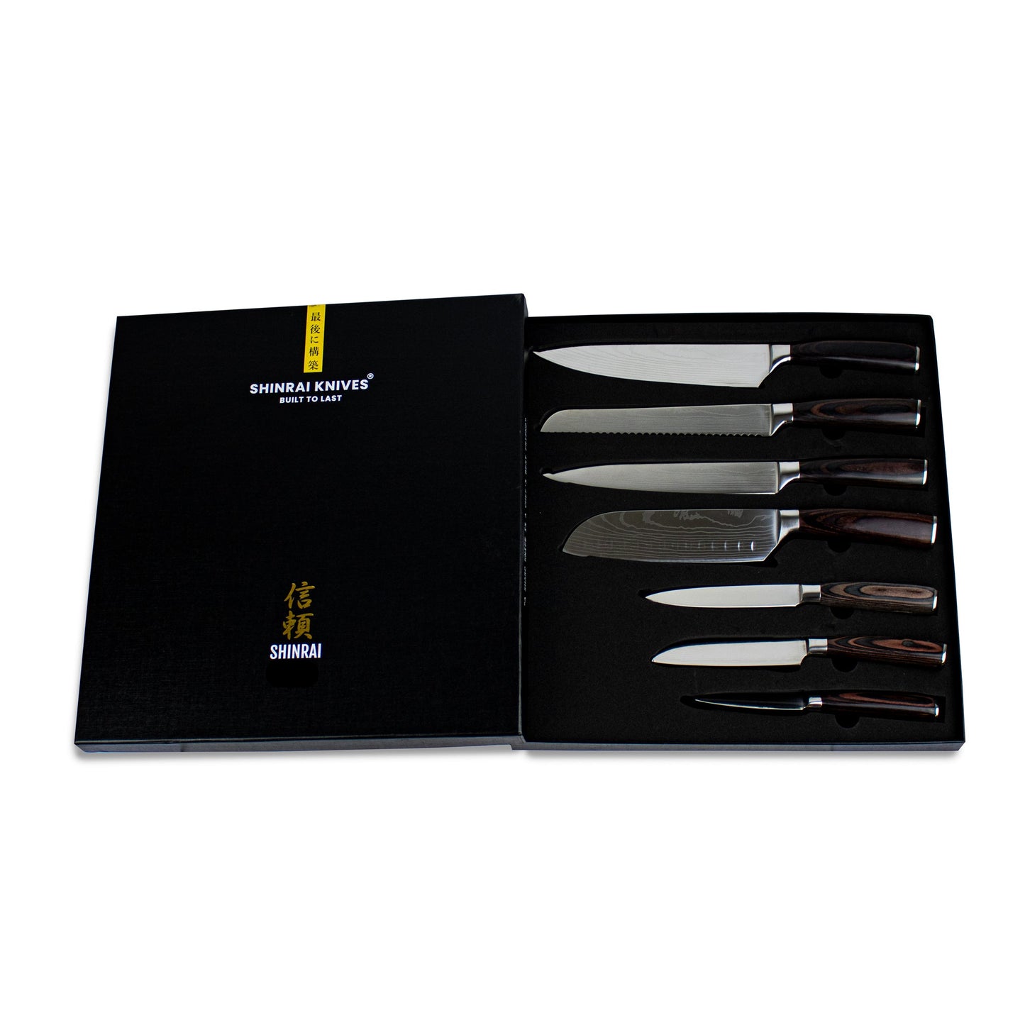 Couteaux Shinrai - Ensemble de 7 couteaux imprimés Damas + bloc à couteaux perforateur