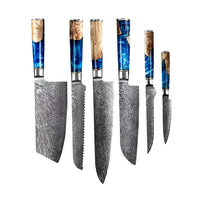 Shinrai Japan - Epoxy Sapphire 6-delige Damascus Messenset + Magnetisch Messenblok Scalae - Acacia hout Shinrai Japan 