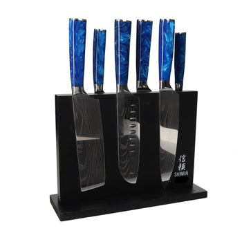 Shinrai Japan - Epoxy Sapphire Damascus Print 6-delige Messenset + Magnetisch Messenblok Dubbelzijdig - Zwart Messenset met blok Shinrai Japan 