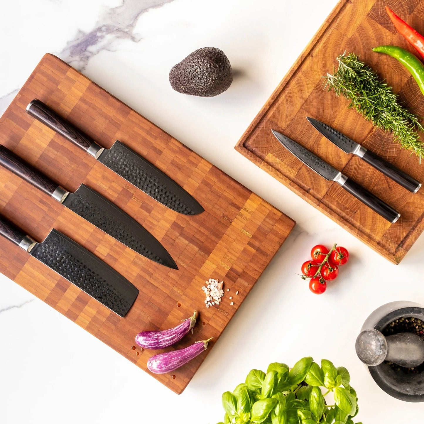 Shinrai Japan - Hammered Damast BR 5-delige Messenset + Magnetisch Messenblok Scalae - Acacia hout Shinrai Japan 
