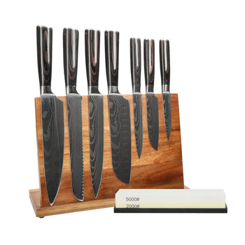 Shinrai Knives - Damascus Print 7-delige Messenset + Messenblok + Slijpsteen Messenset met blok en slijpsteen Shinrai Knives 