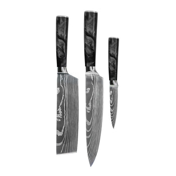 Shinrai Knives - Damascus Print Epoxy Onyx 3-delige Messenset - Koksmes + Nakiri + Schilmes Messenset Shinrai Knives 