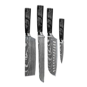 Couteaux Shinrai - Coffret de 4 couteaux en époxy onyx à motif damassé - Santoku + couteau à pain + Nakiri + couteau d'office