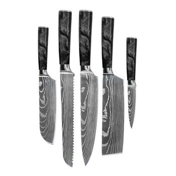 Shinrai Knives - Damascus Print Epoxy Onyx 5-delige Messenset - Koksmes + Broodmes + Nakiri + Kleine Santoku + Schilmes Messenset Shinrai Knives 