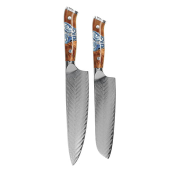 Shinrai Knives - Eclipse 2-delige Damascus Messenset - Koksmes + Santoku mes Messenset Shinrai Knives 
