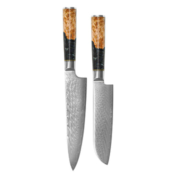 Shinrai Knives - Epoxy Onyx 2-delige Damascus Messenset - Koksmes + Santoku mes Messenset Shinrai Knives 