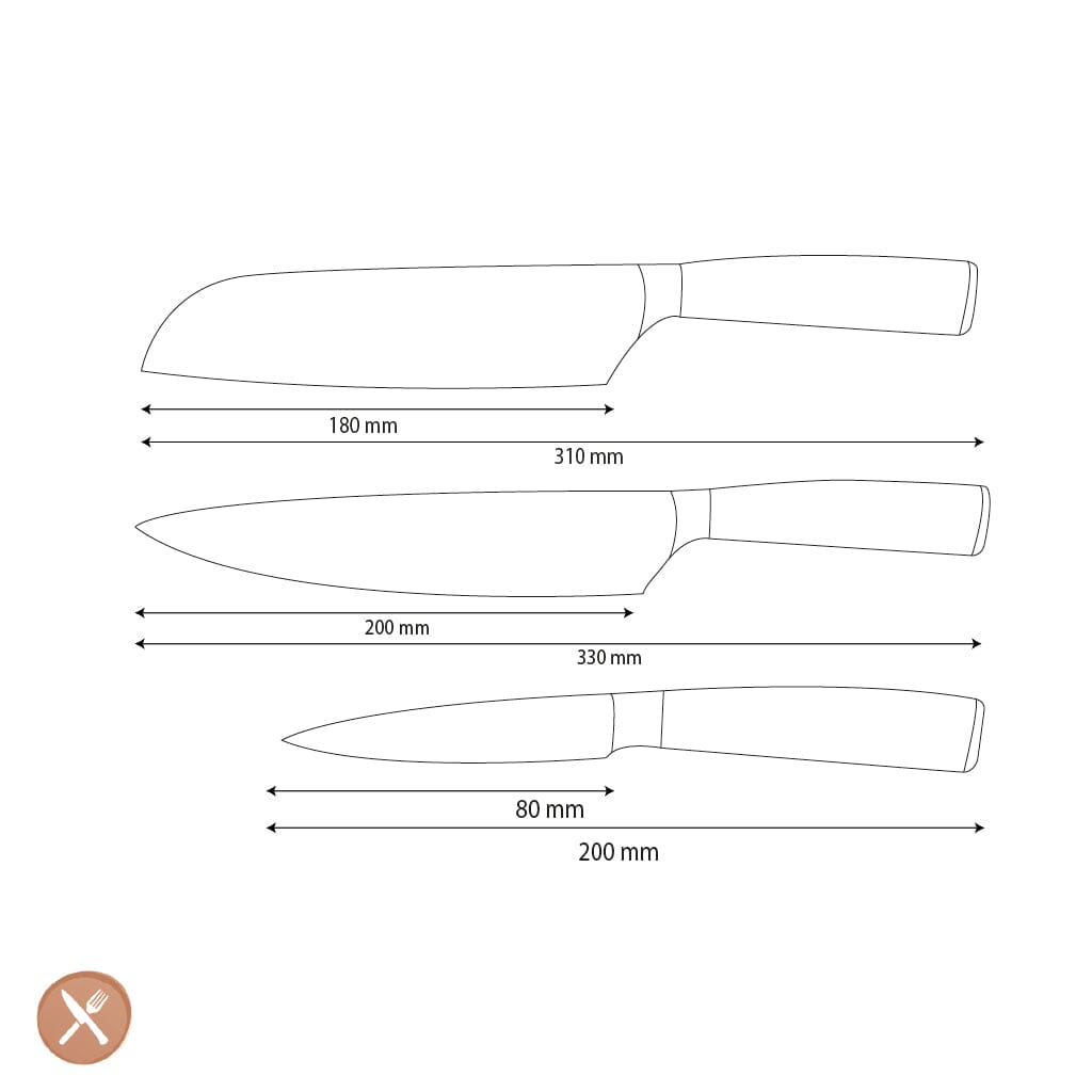 Shinrai Knives - Hammered RVS 3-delige Messenset - Koksmes + Santoku + Schilmes Messenset Shinrai Knives 