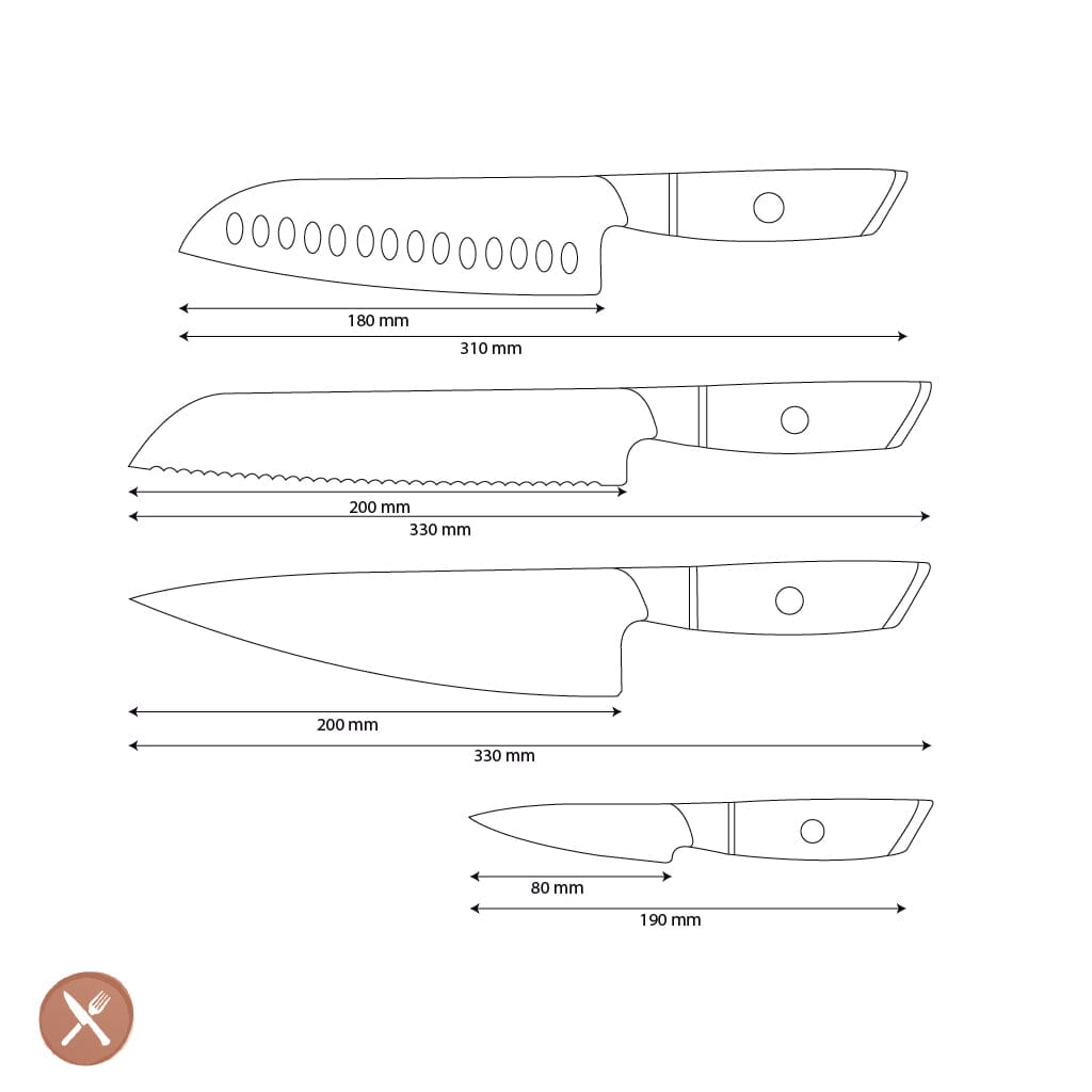 Couteaux Shinrai - Ensemble 4 pièces Hikari Damascus - Couteau de chef + Santoku + Couteau à pain + Couteau d'office Shinrai Knives Knife Set