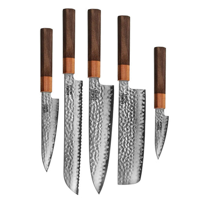 Couteaux Shinrai - Kigami Exclusive Damascus 5 pièces - Couteau de chef + Couteau à pain + Nakiri + Couteau de bureau + Couteau d'office Ensemble de couteaux Shinrai Knives