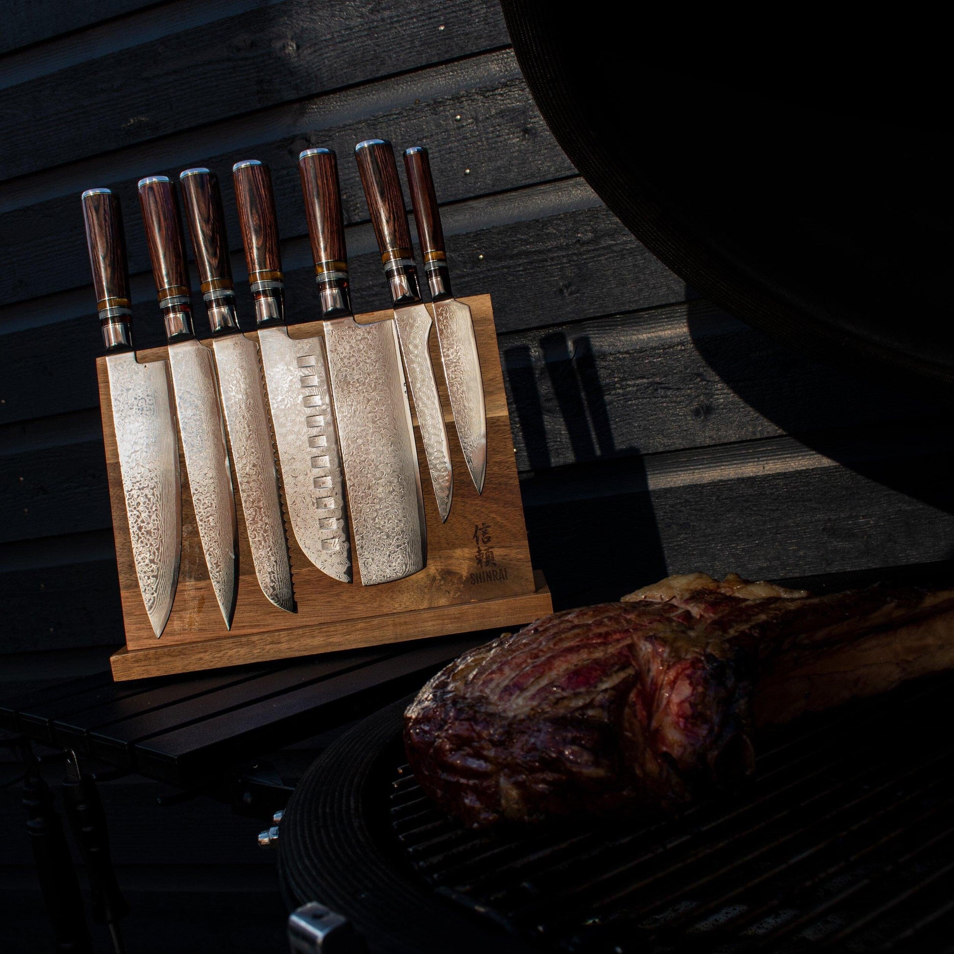 Shinrai Knives - Micarta Jewels 7-delige Damascus Messenset + Magnetisch Messenblok Dubbelzijdig Messenset met blok Shinrai Knives 