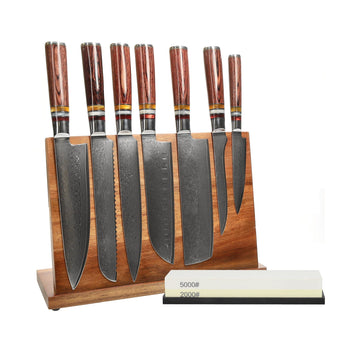 Shinrai Knives - Micarta Jewels 7-delige Messenset + Messenblok + Slijpsteen Messenset met blok, snijplank en slijpsteen Shinrai Knives 