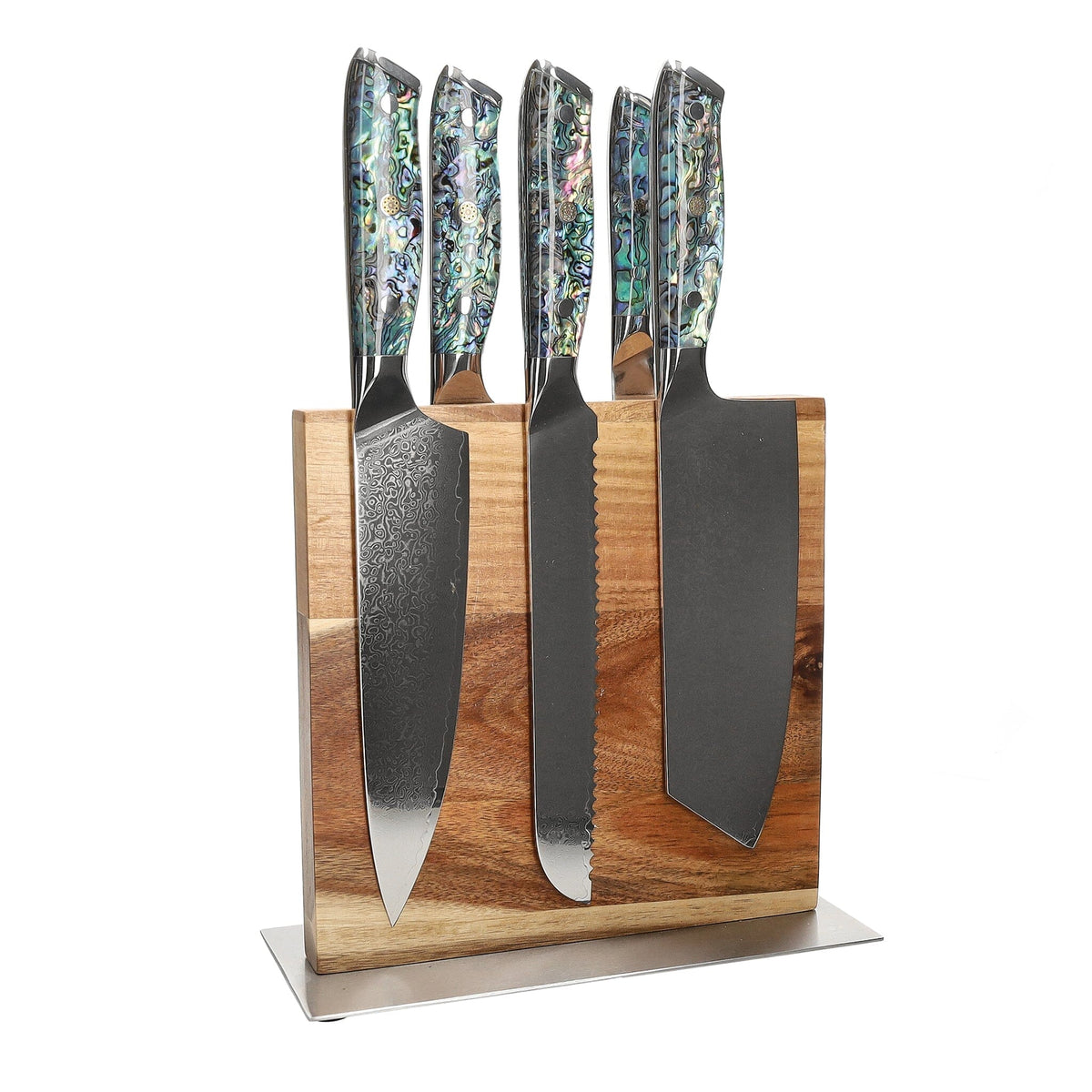 Shinrai Knives - Coffret de 5 couteaux en nacre + bloc à couteaux + pierre à aiguiser