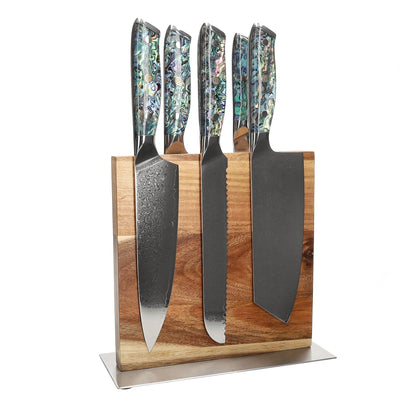 Shinrai Knives - Coffret de 5 couteaux en nacre + bloc à couteaux + pierre à aiguiser