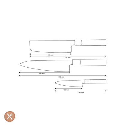 Shinrai Knives - Takumi Kaza 3-delige Damascus Messenset - Koksmes + Nakiri + Schilmes Messenset Shinrai Knives 