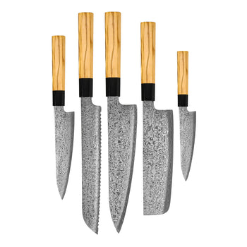 Shinrai Knives - Takumi Kaza 5-delige Damascus Messenset - Koksmes + Broodmes + Nakiri + Officemes + Schilmes Messenset Shinrai Knives 