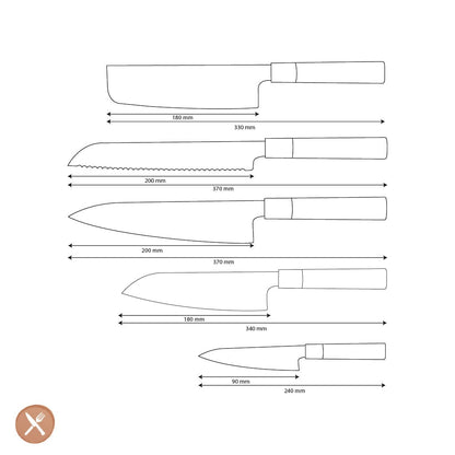 Shinrai Knives - Takumi Kaza 5-delige Damascus Messenset - Koksmes + Broodmes + Nakiri + Santoku + Schilmes Messenset Shinrai Knives 