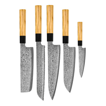 Shinrai Knives - Takumi Kaza 5-delige Damascus Messenset - Koksmes + Broodmes + Nakiri + Santoku + Schilmes Messenset Shinrai Knives 