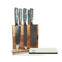 Shinrai Knives - Coffret de 5 couteaux en nacre + bloc à couteaux + pierre à aiguiser